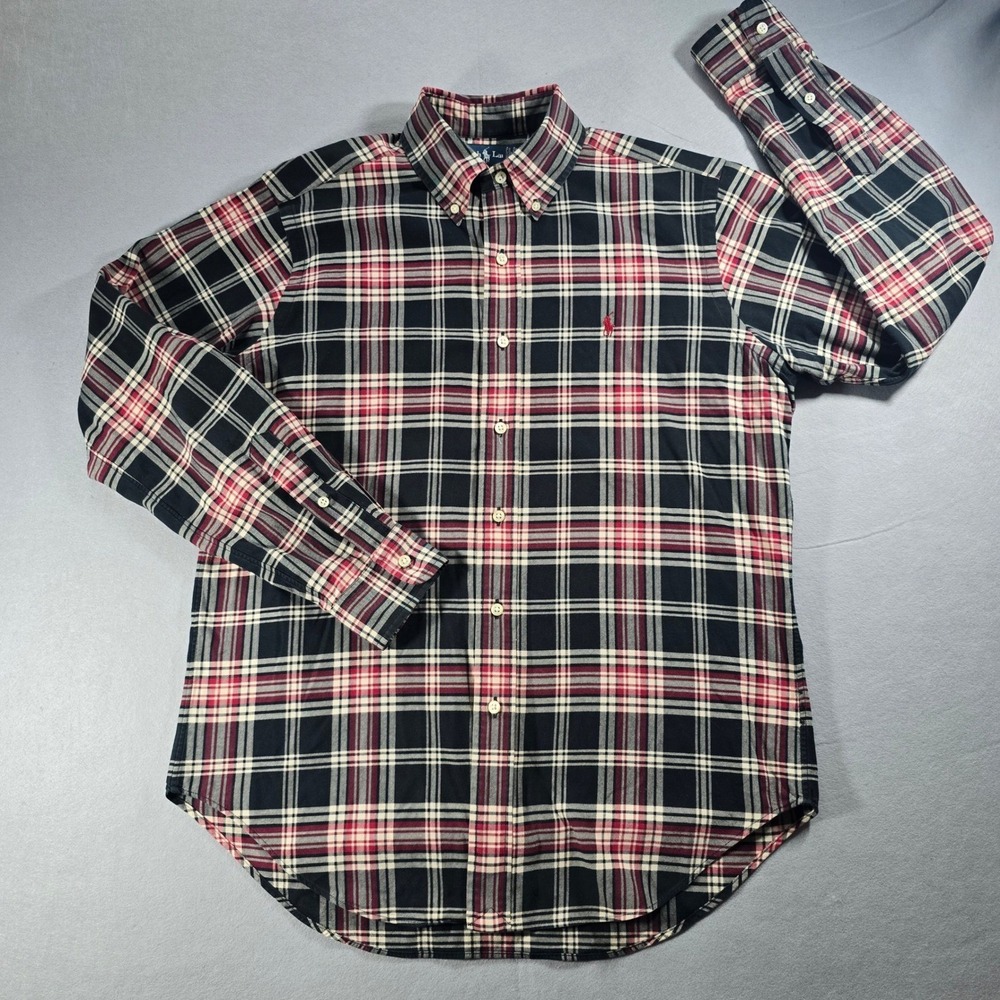 Polo Ralph Lauren Mens M Classic Fit Plaid Button Down Navy Red White Preppy